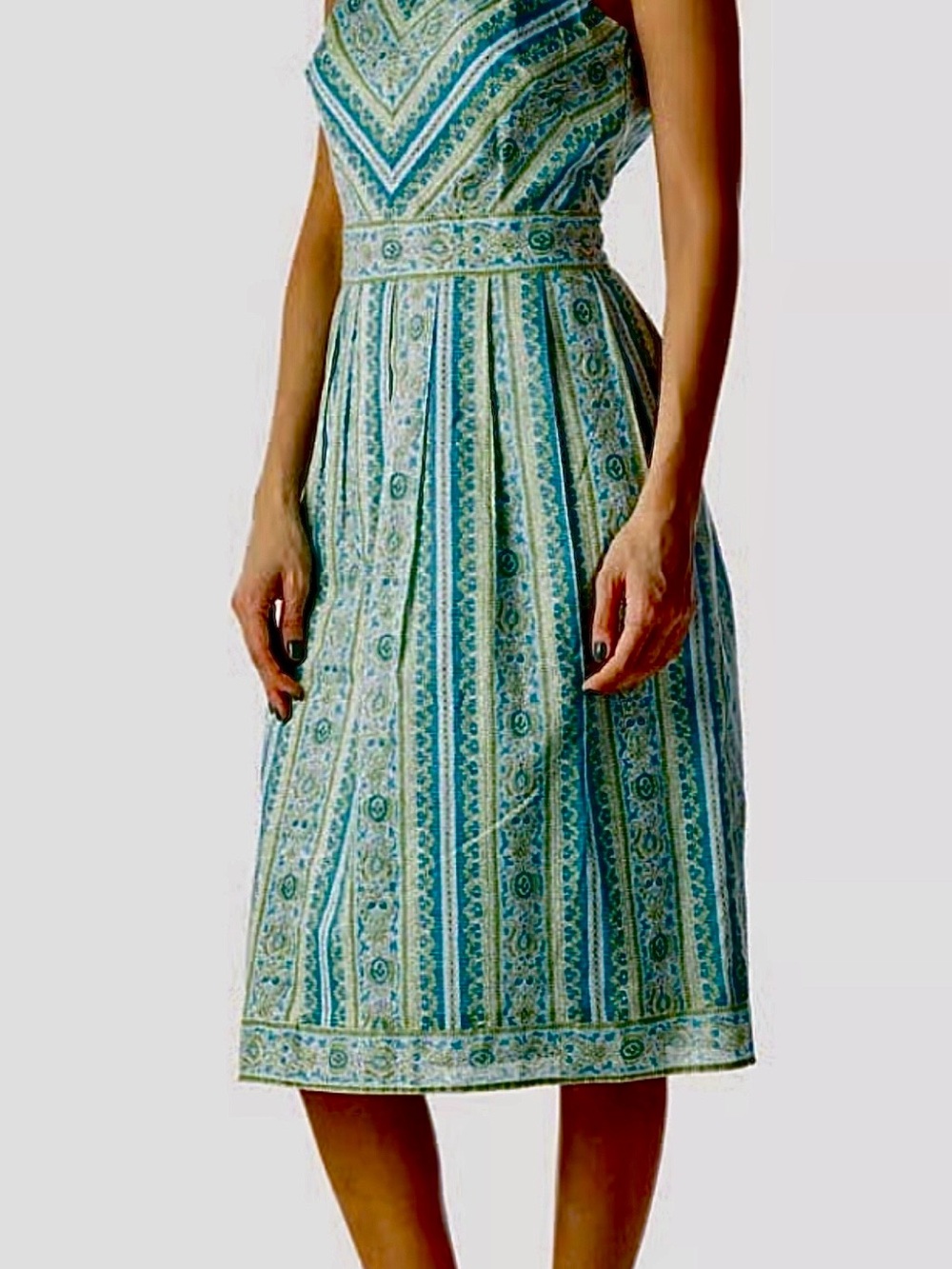Ann Taylor Blue and Green Striped Paisley High Neck Lined Midi Dress